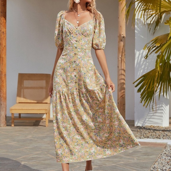 Boho Yellow Floral Button Puff Sleeve Midi Dress - Picture 2 of 6